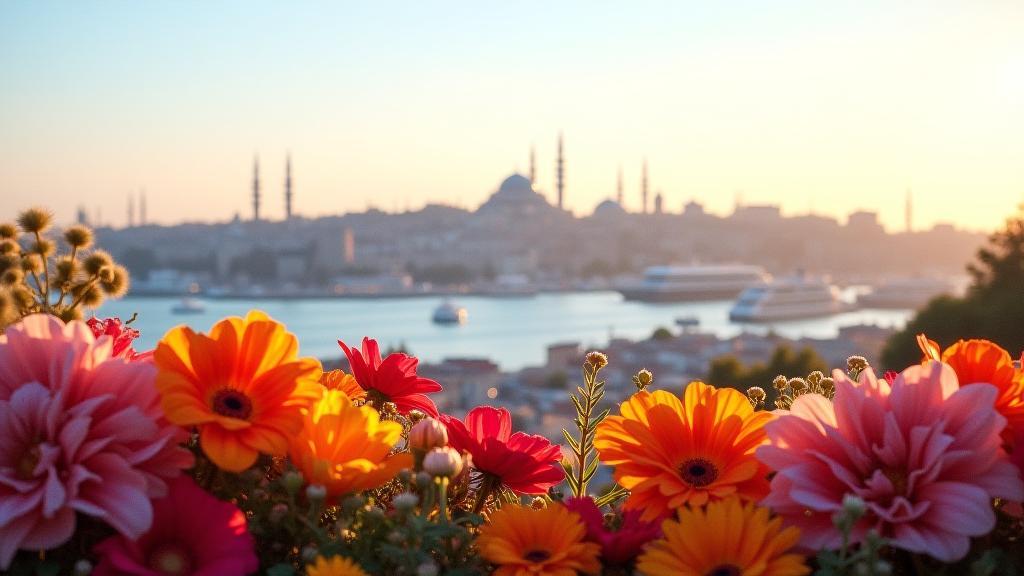 Glorious Istanbul skyline with colorful fresh flowers in foreground